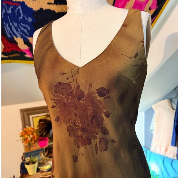 Vintage Y2K Gold Brown Floral Midi Dress Sheer Trim V Neck Whimsygoth Size 10 - Picture 11 of 12